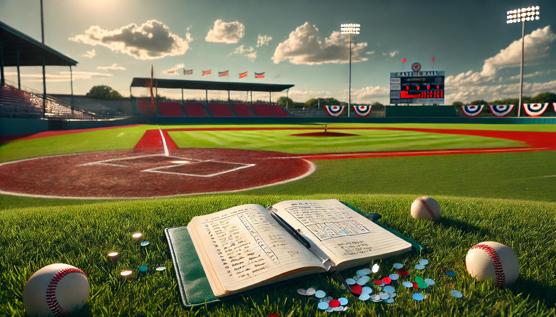 試合後の野球場のホームベースに置かれた、書き込みのあるノート。物語の伏線が回収される最終回を象徴している。