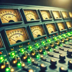 ミキサー卓のVUメーターの針が、すべて同じレベルで揃っている様子。バンドの音が初めて一つになった瞬間を表している。