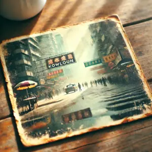 テーブルに置かれた、一部が滲んで不鮮明な九龍の古い写真。曖昧な記憶という作品のテーマを象徴している。