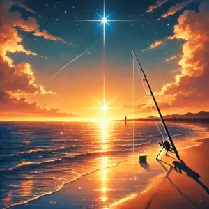 アニメ「ネガポジアングラー」の魅力を象徴する画像。夕焼けの美しい海辺に、一本の釣り竿が立てかけられており、その影が長く伸びている。空には一番星が輝いている。