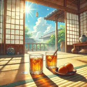 アニメ「沖ツラ」の比嘉さんの優しさを象徴する画像。沖縄の古民家の縁側に、二人分のさんぴん茶とサーターアンダギーが置かれている、温かい雰囲気のイラスト。