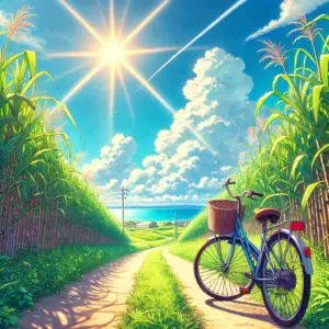 アニメ「沖ツラ」の二人の関係性を象徴する画像。沖縄の青い海へと続く道の真ん中に、一台の二人乗り自転車が停められている、爽やかなイラスト。
