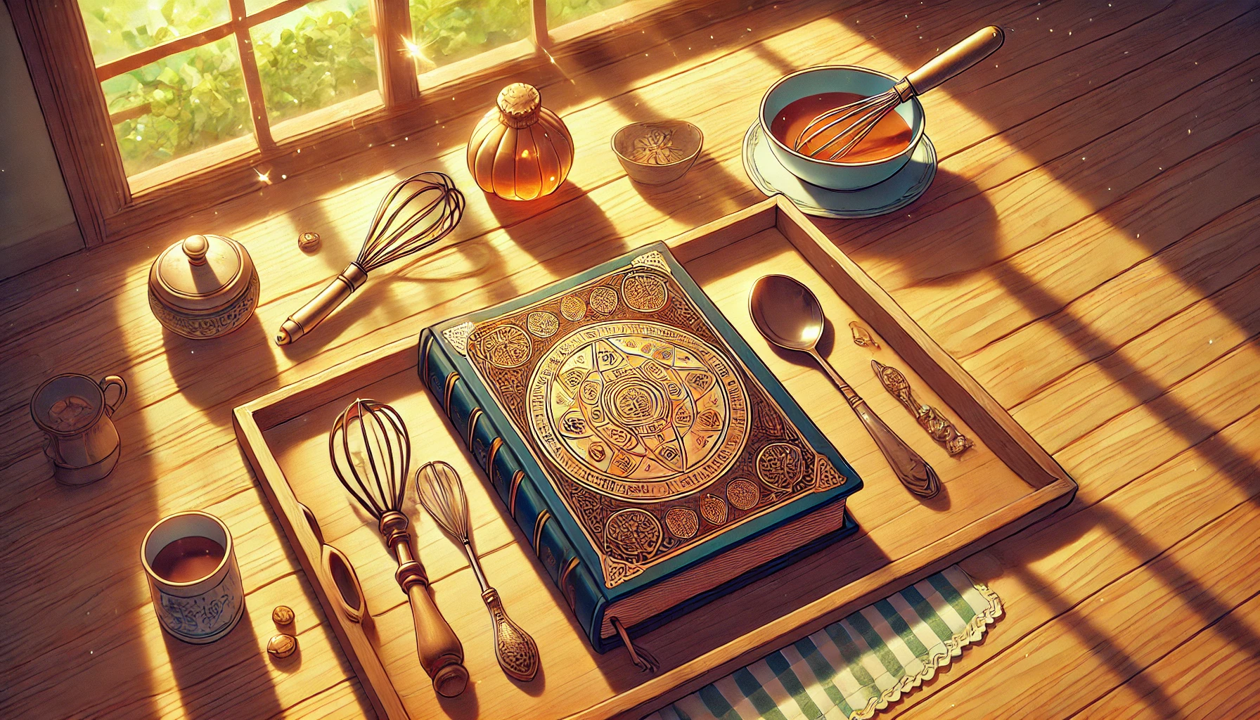アニメ『ウィッチウォッチ』の魔法と日常が融合した世界観を、魔導書とキッチン用品で表現したイメージ。