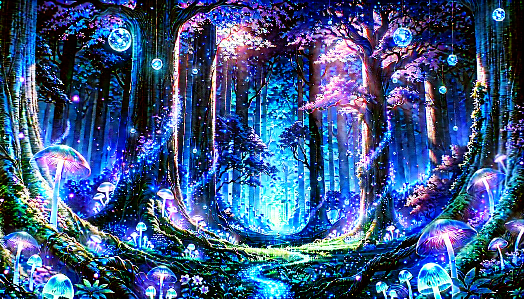 幻想的なアニメ風の森の風景。輝く葉を持つ木々が天井のように広がり、空中には光のオーブが静かに漂う。苔むした地面には光る花やキノコが点在し、淡い霧の中に光る小道が続いている。青と紫を基調とした、神秘的で静寂な雰囲気のファンタジー空間。