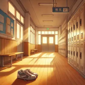 アニメ『アオのハコ』最終回の余韻を象徴する正方形のイラスト。午後の光が差し込む誰もいない学校の廊下に、一足の上履きが静かに置かれており、静かな決断の瞬間を暗示している。