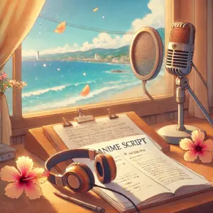 沖縄の海を背景に、机の上に置かれたアニメの台本とマイク。声と動きでキャラクターに命が吹き込まれる様子を象徴している。