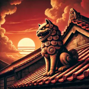 夕焼け空を背景にした沖縄のシーサー。方言が持つ温かさと親しみやすさを象徴している。