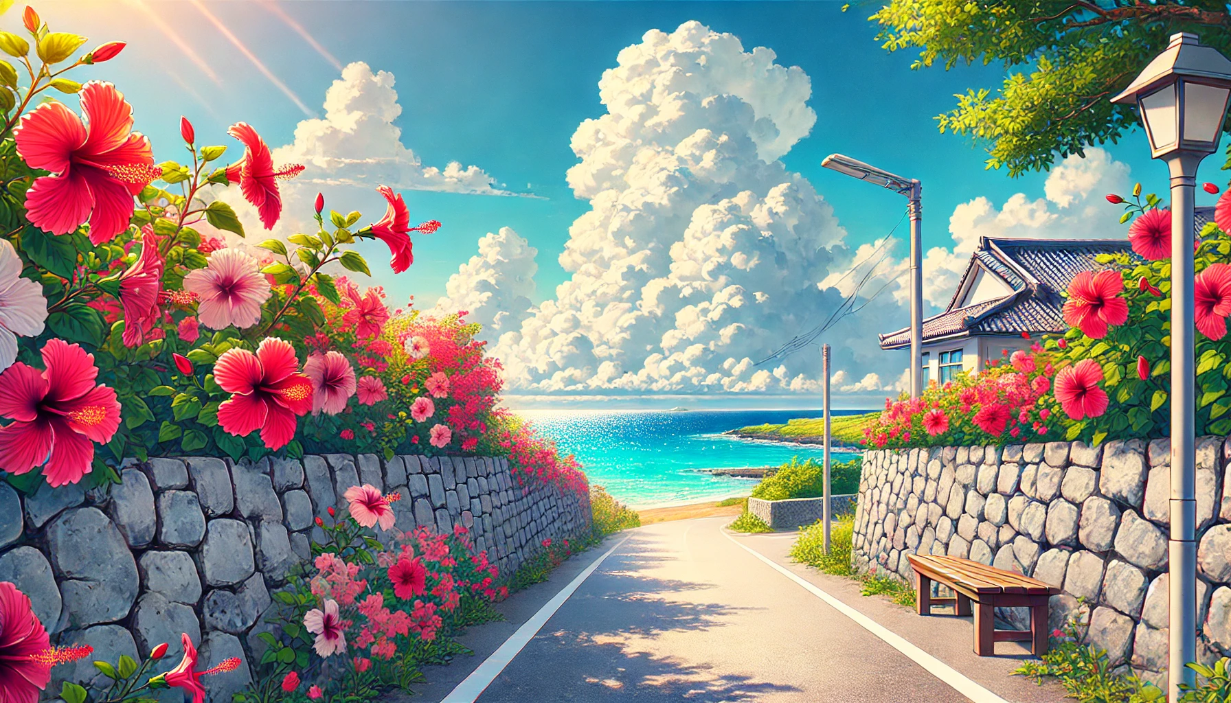 アニメ『沖好き』の舞台である沖縄の風景。ハイビスカスの咲く石垣の向こうに青い海が広がる通学路。