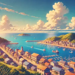 高台から見下ろした、物語の舞台となる小さな島の港町の風景。