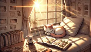 『猫に転生したおじさん』の番外編を象徴する、人間の文字と猫の足跡が書かれた日記帳