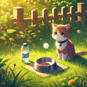 『猫に転生したおじさん』の新たな出会いを象徴する、公園の餌皿と一輪のタンポポ