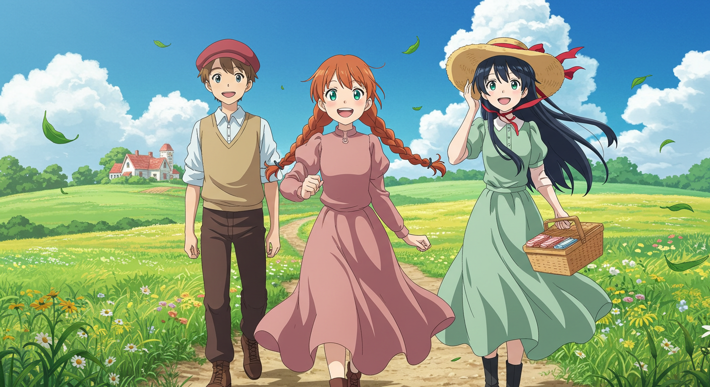 アニメ『アンシャーリー』より、アン・シャーリー、ギルバート、ダイアナの3人が草原の道を楽しそうに歩く場面。笑顔あふれる友情と青春のひとときが描かれた、物語後半の象徴的シーン。