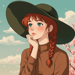 アニメ『アン・シャーリー』のアンが帽子をかぶり、頬杖をついて空を見上げているクラシックアニメ風イラスト