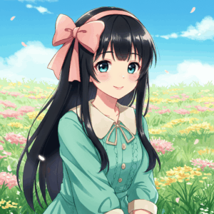 アニメ『アン・シャーリー』のダイアナがリボンをつけて花畑でほほ笑んでいる上半身イラスト