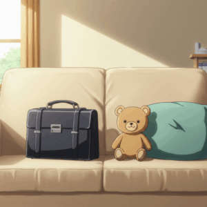 リビングのソファに置かれたビジネスバッグとクマのぬいぐるみのイラスト。『この会社に好きな人がいます』の結末である、仕事と家庭の両立や、新しい家族の誕生という幸せな日常を表現している。