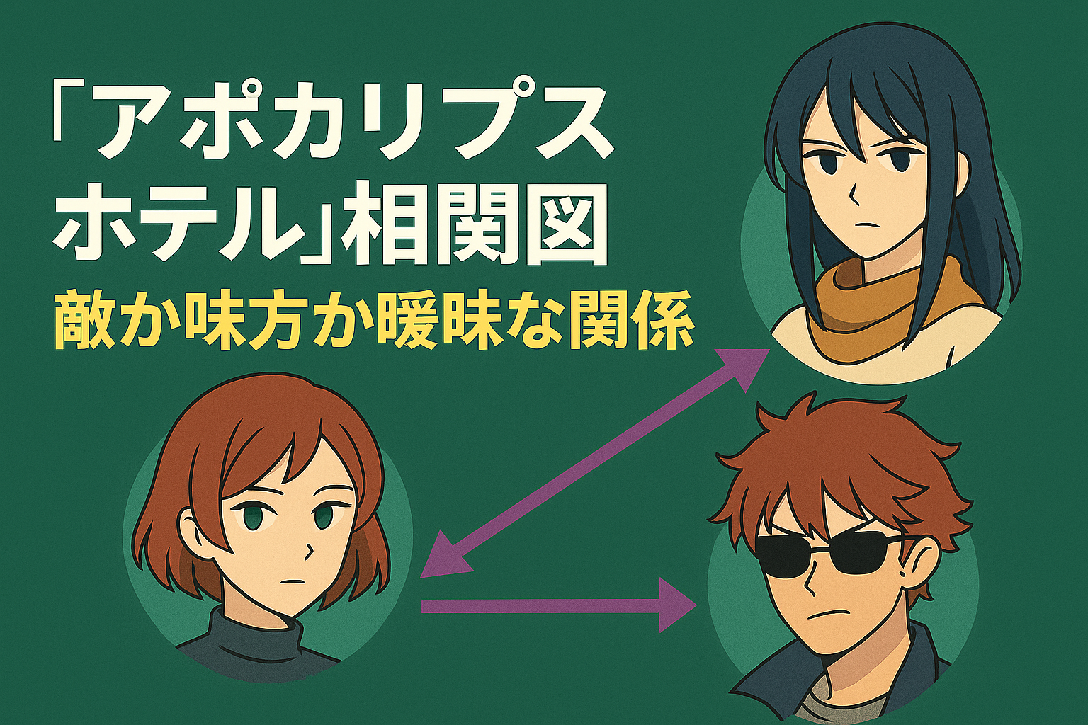 アニメ『アポカリプスホテル』の相関図。「敵か味方か曖昧な関係」という文字と共に、主要登場人物であるミユキ、カズサ、マリアの3人が複雑な矢印で結ばれ、それぞれが憂いを帯びた表情で描かれている様子。