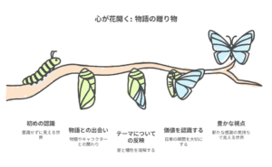 『赤毛のアン』の物語体験を、芋虫から蝶への変化にたとえて表現した図解。読者がアン・シャーリーと出会い、テーマを考え、価値を見出し、視野を広げていく過程を、成長のプロセスとして描いている。 