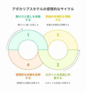 アニメ『アポカリプスホテル』における感情的なサイクルを示した円形チャート。「1. 静けさと癒しを体験する」→「2. ロボットの会話に共感する」→「3. 評価の多様性を理解する」→「4. 心に残る余韻を噛みしめる」という4段階で構成されており、作品の視聴体験が循環的に感情を深めていく様子を表現している。