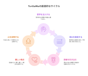 『最強の王様、二度目の人生は何をする』の創作サイクルとして、「哲学を注入する」「深みを創造する」「読者を引き込む」「優しい視点」「心を反映する」の5つの要素が循環する図。