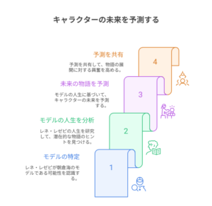 『フェルマーの料理』のキャラクターの未来を予測する4段階プロセスの図。モデルの特定から人生分析、物語予測、そして共有までを段階的に示している。