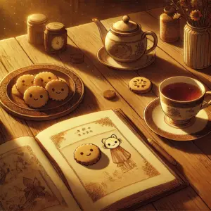 コミカライズ版「ぷすぷす」のゆるい世界観をイメージした画像。温かい紅茶とクッキーの隣に、可愛い落書きが描かれたスケッチブックが置かれている。