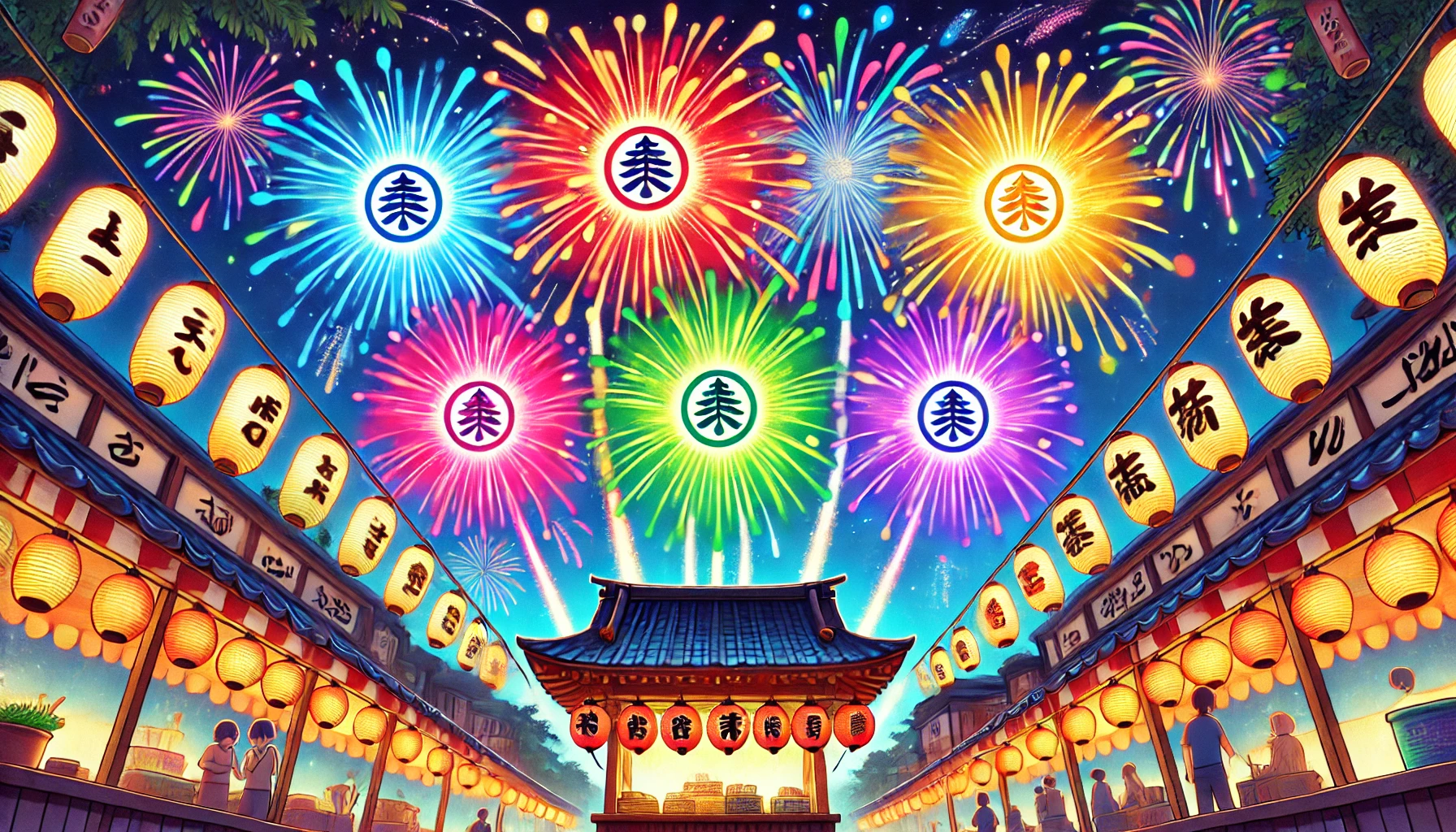 『おそ松さん』第4期放送開始を祝う記事のアイキャッチ画像。夏祭りの夜空に、6つ子のイメージカラーである6色の松マークの花火が打ち上がっている、お祭り感あふれるイラスト。