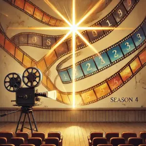 『おそ松さん』シリーズの歴史の積み重ねと進化を象徴する画像。古い映写機が、1期から3期までのフィルムが重なった上に、ひときわ輝く4期目のフィルムを映し出そうとしている。