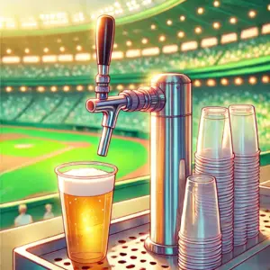 野球場のビールの売り子のサーバーのタップと、きれいに積まれたプラスチックカップのクローズアップ。背景には明るい日差しの下のグラウンドがぼやけて見える、アニメ風のイラスト。