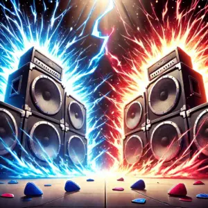 二つのアンプから放たれるエフェクトがぶつかり合う様子。音で感情をぶつけ合うロックバトルの激しさを表現している。