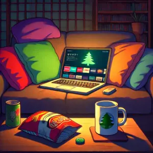 夜の部屋で、ノートパソコンの前におそ松さんグッズとスナックを準備して視聴しているイラスト