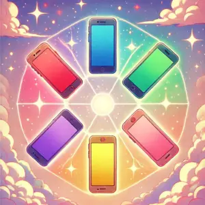 赤、青、緑、紫、黄、ピンクの6色のスマートフォンが、円形に配置されたイラスト。パステル調の背景に、レトロなテレビやマイクが散りばめられ、6人のキャラクターを象徴している。