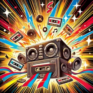 レトロスピーカーから音の波やカセットテープ、音符が爆発するアニメ風イラスト。赤・黄・青のカラフルな爆発とスピード線が、楽曲の激しいイントロを象徴している。