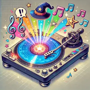 魔法のDJターンテーブルから、音符や笑いを表すフキダシが飛び出しているイラスト。『ウィッチウォッチ』の軽快なテンポと楽しい掛け合いを象徴している。