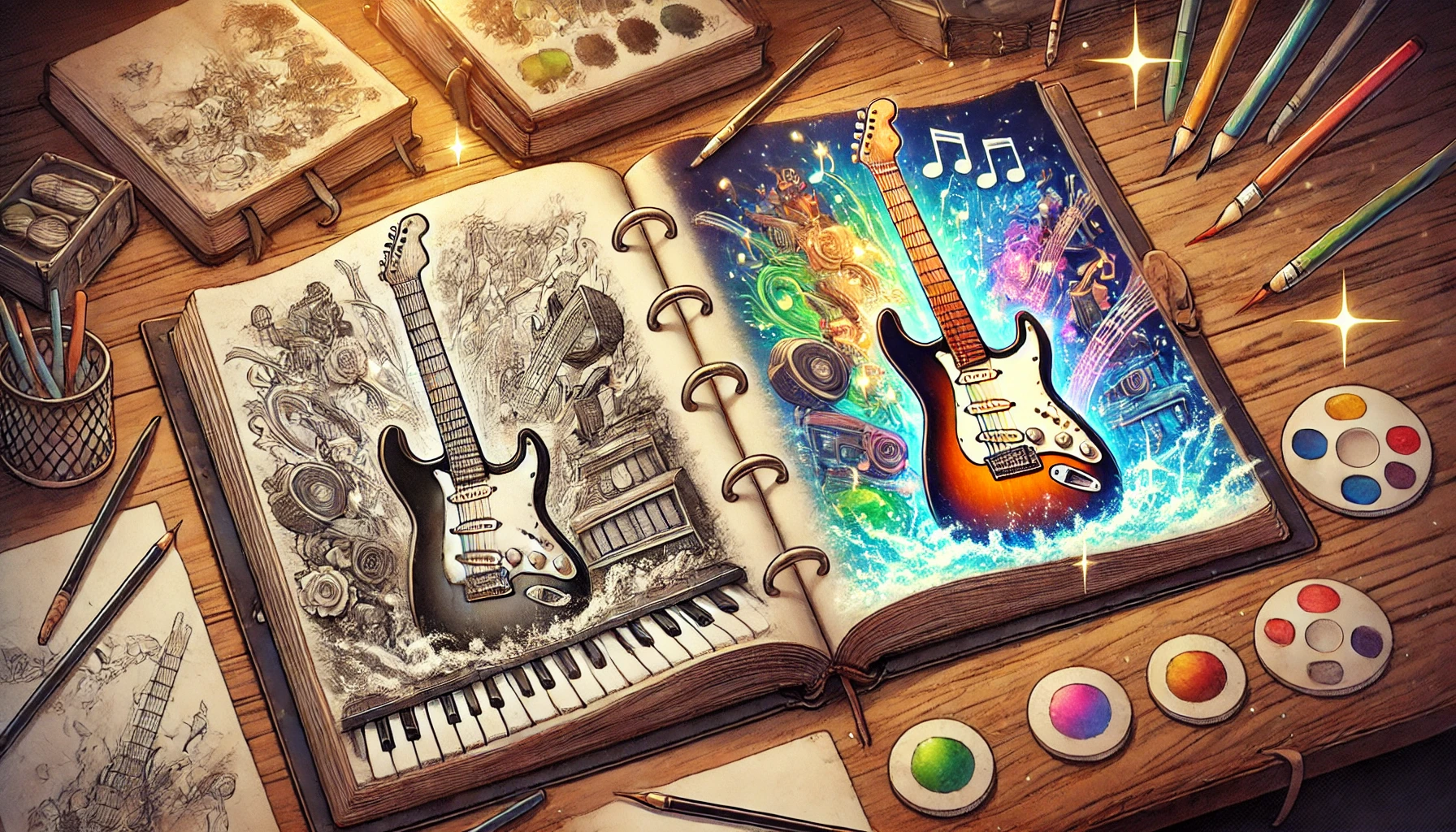 開かれたスケッチブックの左にモノクロのラフ画、右に同じ構図のカラー画が描かれているイラスト。『ロックは淑女の嗜みでして』の原作とアニメ、二つの魅力の対比を象徴している。