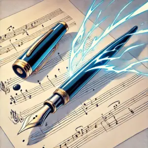 楽譜の上に置かれた万年筆とドラムスティックのイラスト。原作漫画の静かな魅力と、アニメのダイナミックな魅力の違いを象徴している。