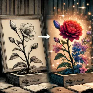 モノクロで描かれた花のつぼみと、カラーで描かれた満開の花が並んでいるイラスト。原作とアニメでのキャラクター描写の違いや成長を象 "象徴している。