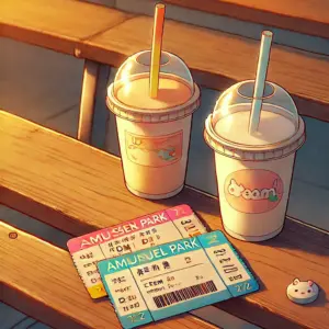 遊園地のベンチに置かれた二枚のチケットとクリームソーダのイラスト。姉妹のすれ違いと、共に過ごした時間を象徴している。