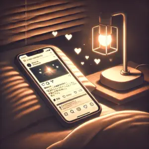 夜の部屋で、スマートフォンで「クラ婚9話」の感想を見て感動している様子のイラスト。SNSでの共感の広がりを象徴している。
