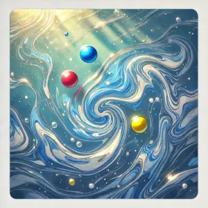 静かな水面に様々な色の絵の具が広がり、複雑なマーブル模様を描いているイラスト。キャラクターたちの言葉にできない繊細な心情を象徴している。