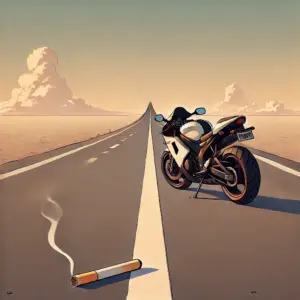 一本道に停められたバイクと、地面に落ちた一本のタバコの吸い殻のイラスト。赤尾リオンの自由さと束の間の休息を象徴している。