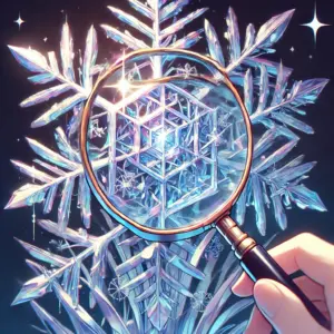 虫眼鏡で氷の結晶を覗き込み、隠された文字や記号を発見しているイラスト。『サカモトデイズ』の物語に隠された伏線を発見する喜びを象徴している。