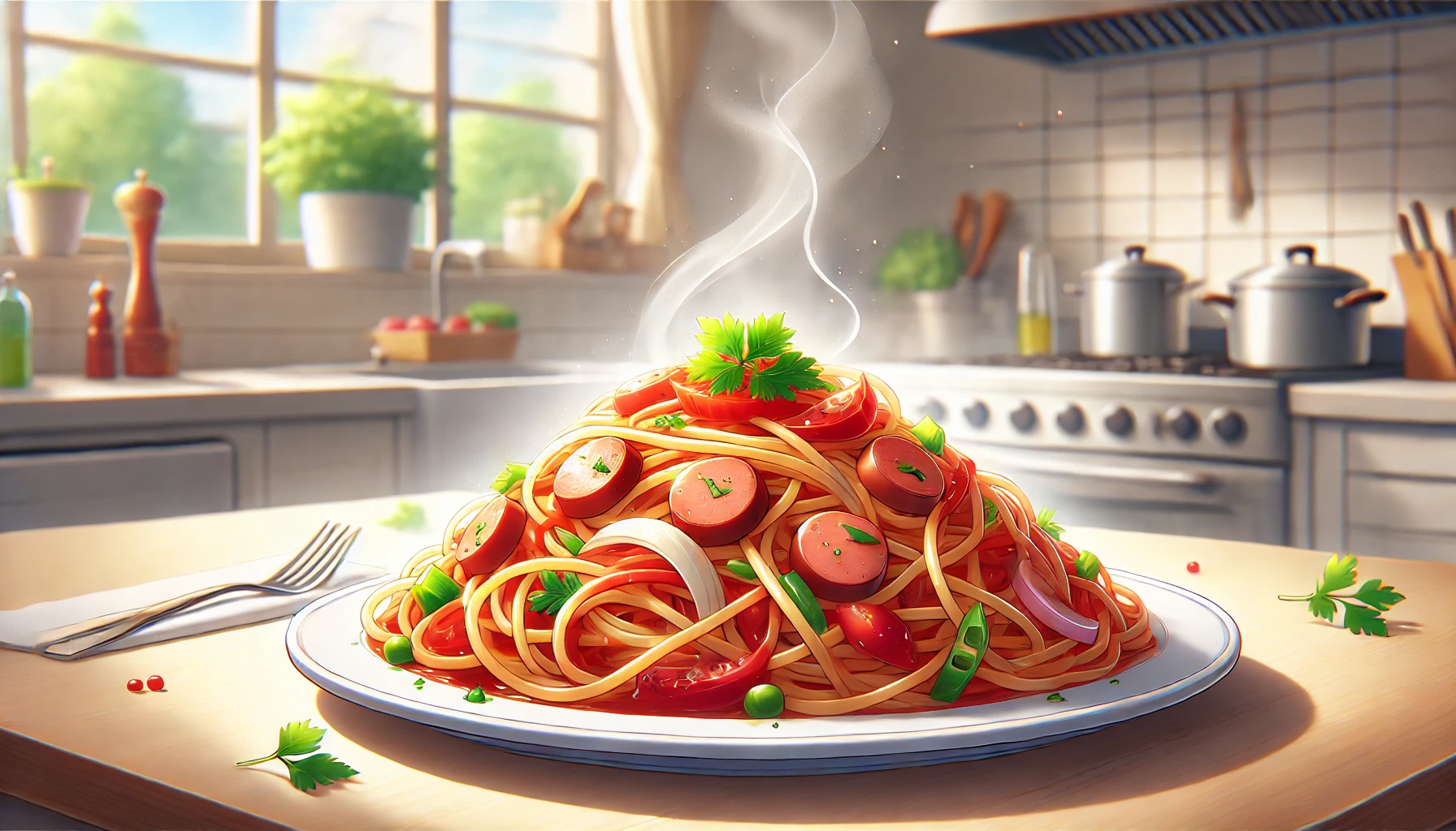 アニメ『フェルマーの料理』第1話に登場する、数式で作られた完璧なナポリタンのイラスト。