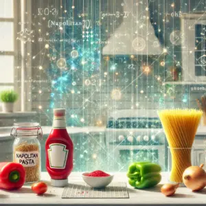 アニメ『フェルマーの料理』をイメージした、ナポリタンの材料と数式が融合するイラスト。