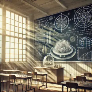 数学の数式と料理の設計図が並んで書かれた黒板。数学と料理の共通点を象徴するイラスト。