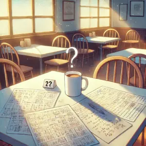 数式が書かれた紙の上に置かれたコーヒーカップから、クエスチョンマーク形の湯気が立ち上っている