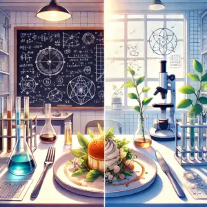 半分は数式が書かれた黒板、半分は科学実験室という背景の前に、一皿の料理が置かれている