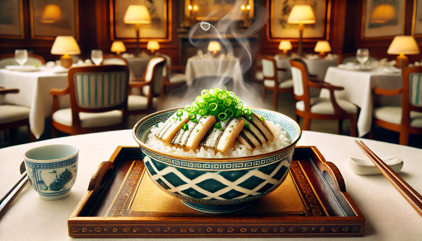 美しいお椀に盛り付けられた、湯気の立つ美味しそうな「甘鯛のお茶漬け」。