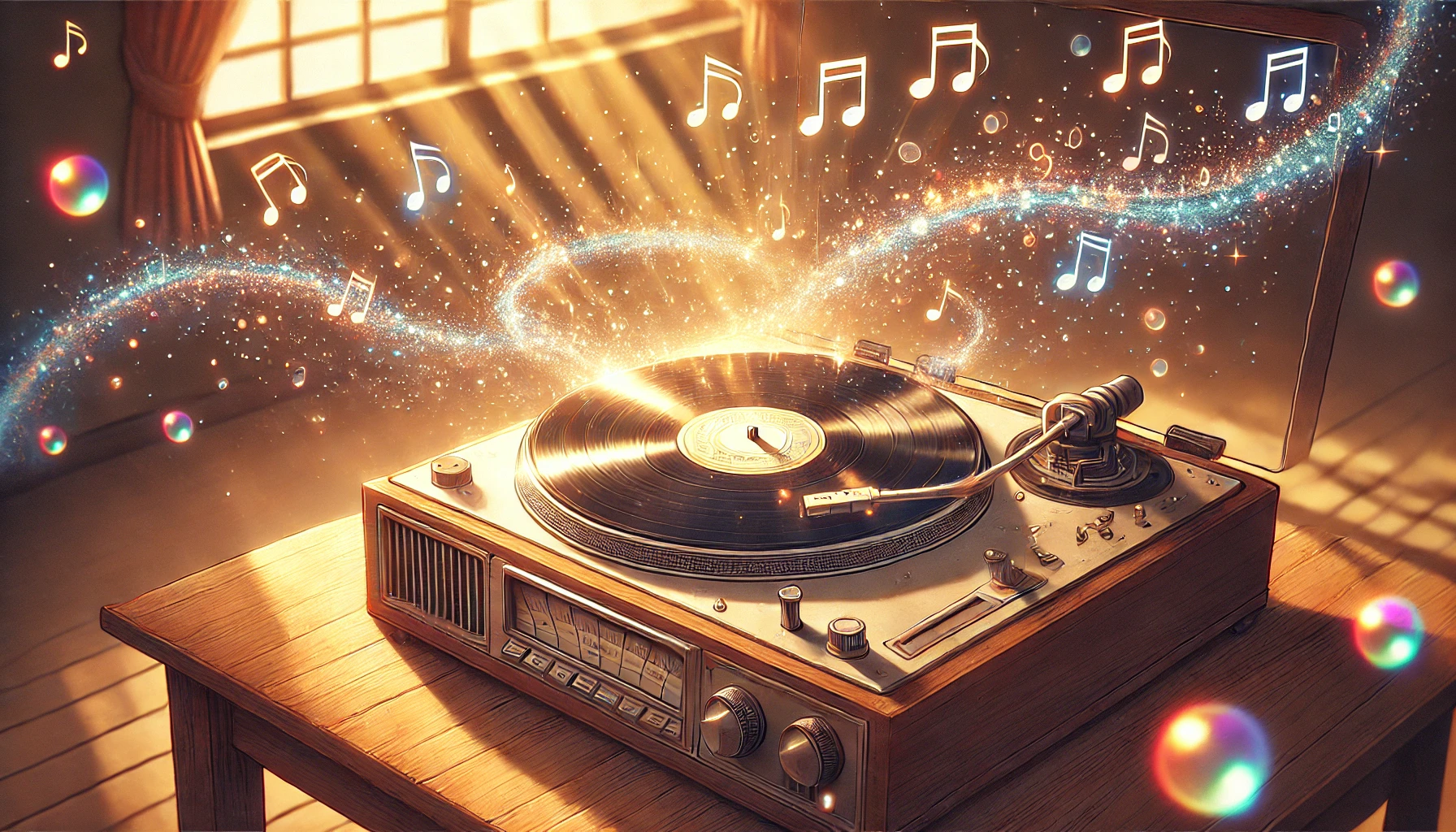 回っているレコードプレーヤー。レコード盤の中心から、音符のような光が溢れ出している。