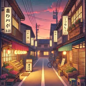 夕暮れ時の、日本のどこか懐かしい商店街。八百屋や花屋といった個人商店が並び、温かい色の街灯が灯り始めている。人影はなく静かだが、店先には商品が並び、日々の営みの温もりが感じられる。少しレトロで心温まる雰囲気。詳細に描かれた背景アニメスタイル。 --ar 16:9 --niji 6
