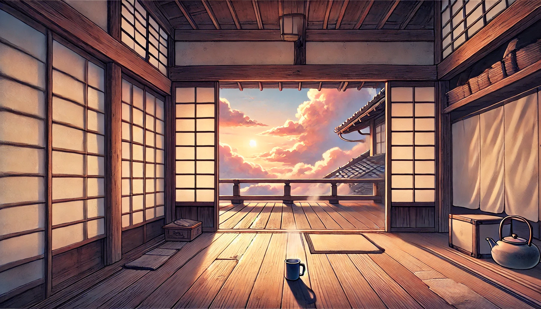 『ひらやすみ』の結末予想記事のアイキャッチ画像。静かな平屋の縁側から、希望に満ちた美しい夜明けの空を眺めている様子。
